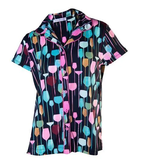 Notched Collar Pajama Top - Wine Glasses Size Large