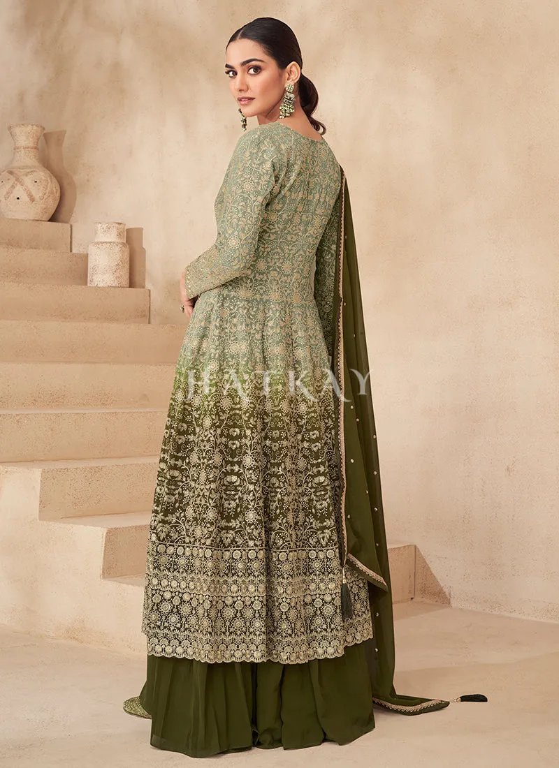 Olive Green Ombré Slit Style Anarkali Lehenga