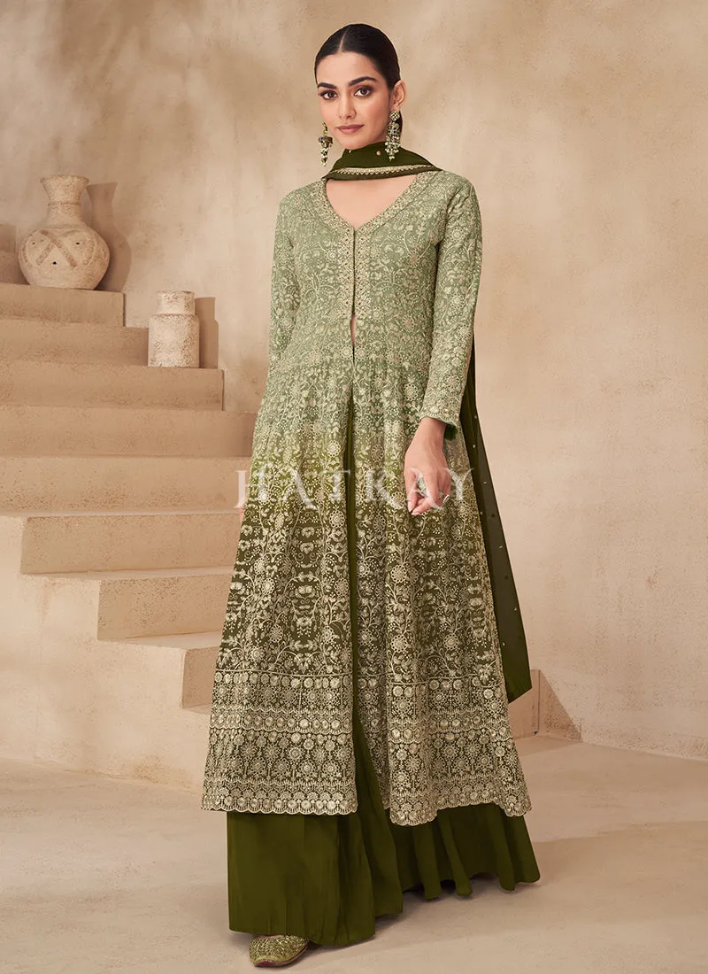 Olive Green Ombré Slit Style Anarkali Lehenga