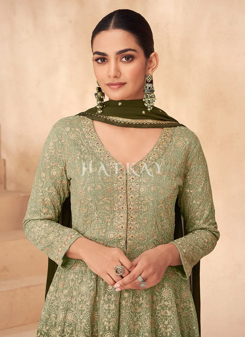 Olive Green Ombré Slit Style Anarkali Lehenga