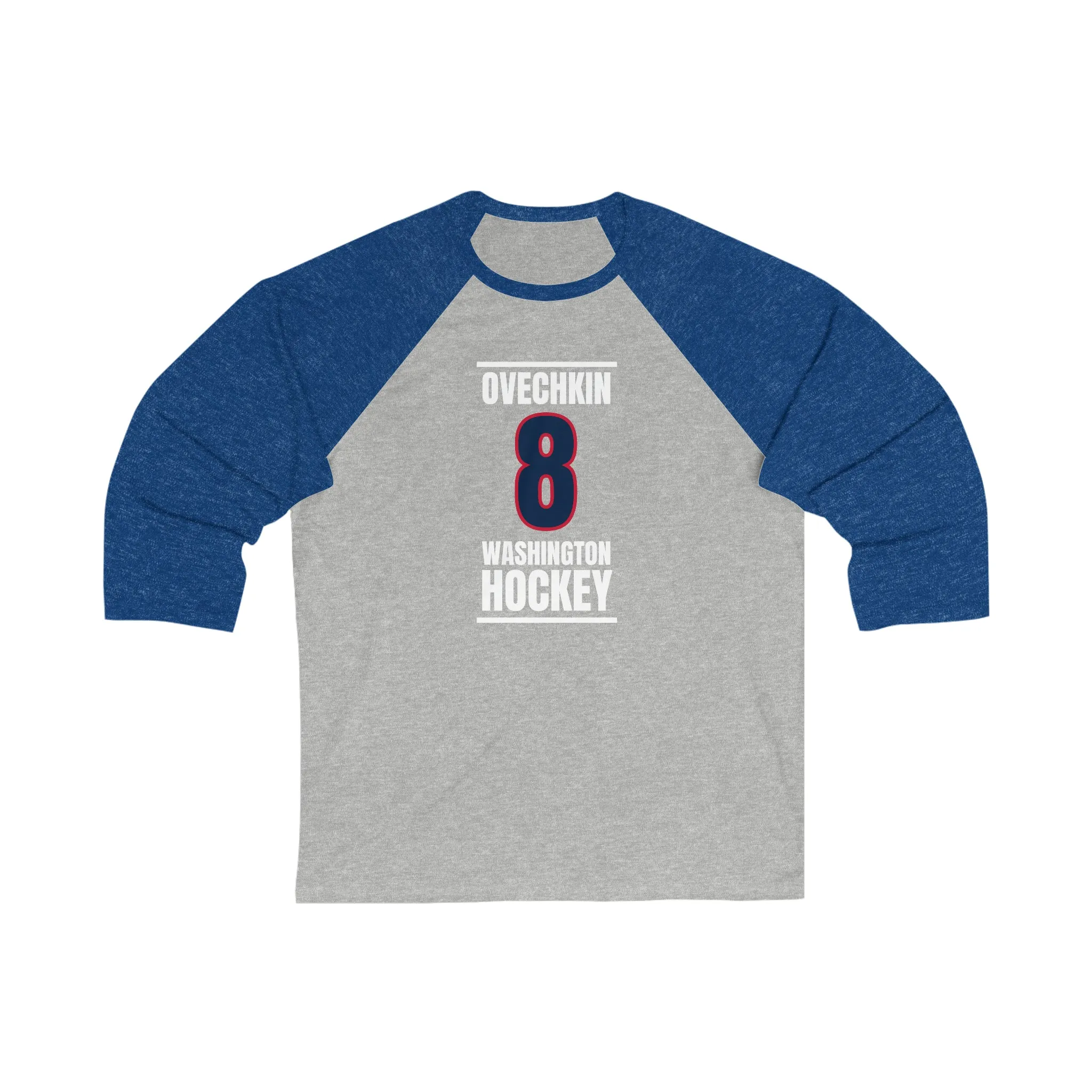 Ovechkin 8 Washington Hockey Navy Vertical Design Unisex Tri-Blend 3/4 Sleeve Raglan Baseball Shirt