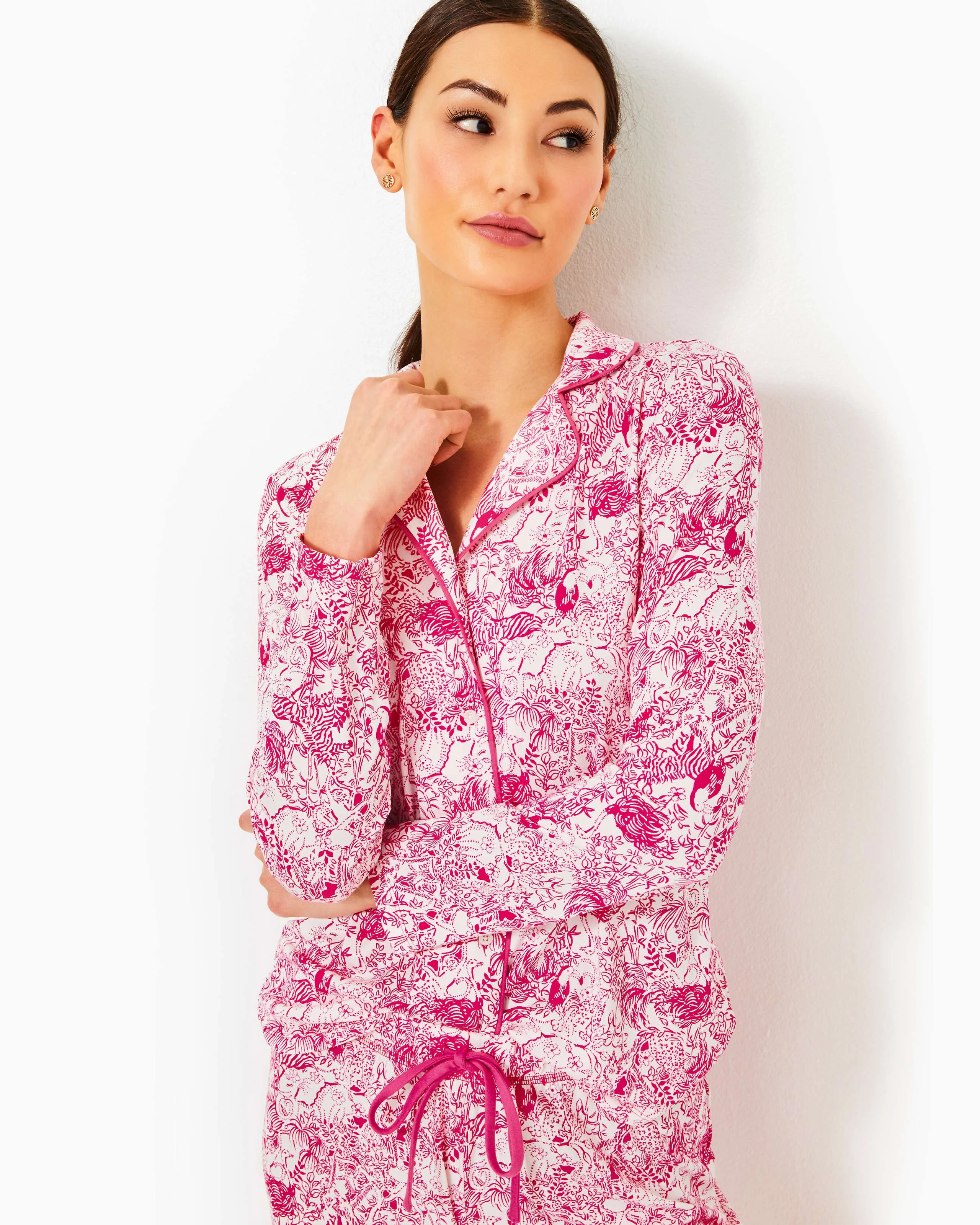 Pajama Knit Button-Up Top - Raspberry Rouge Animal Magnetism