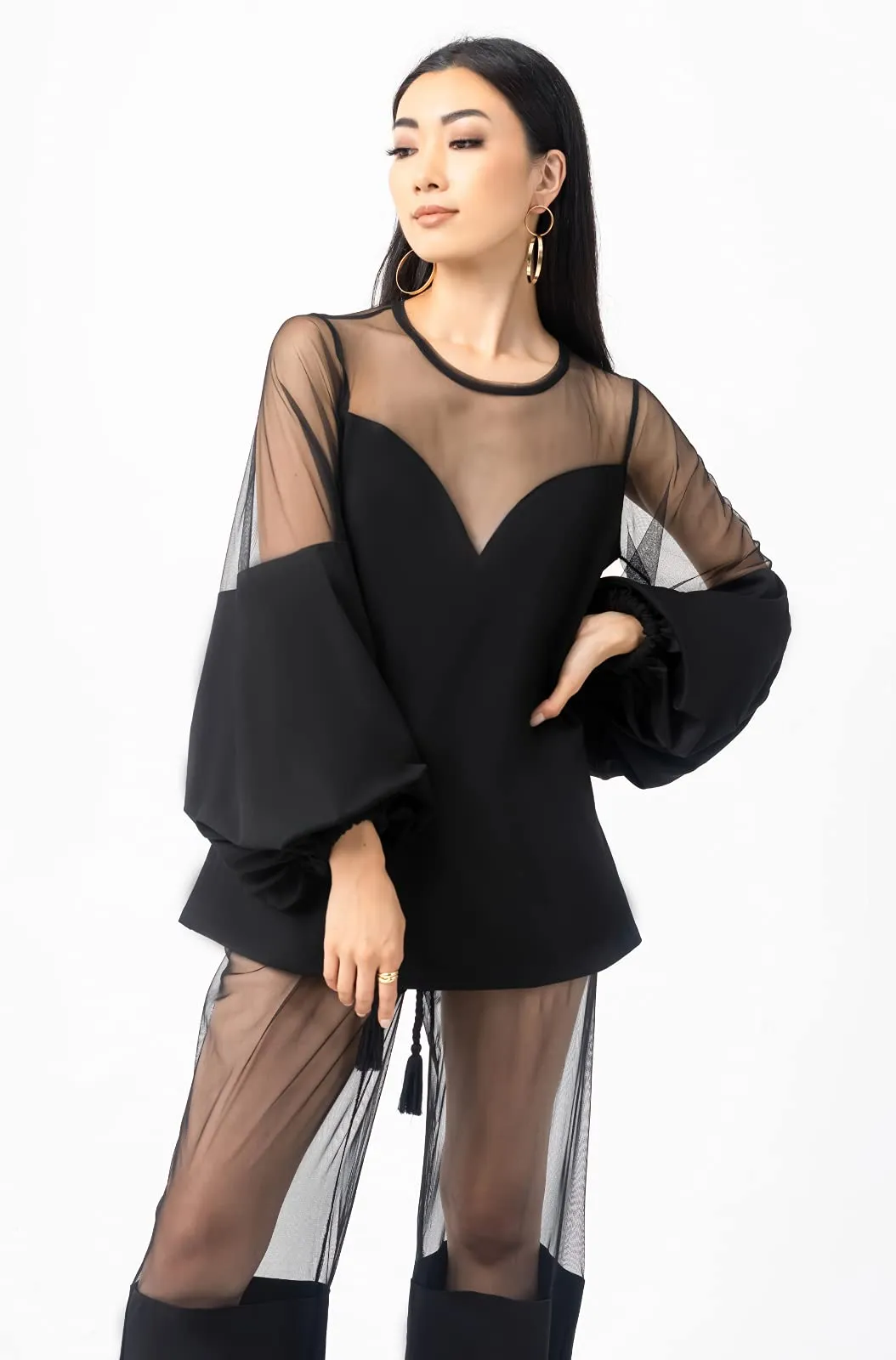 Pantora Women's Tina Sheer Contrast Top, Black, Medium