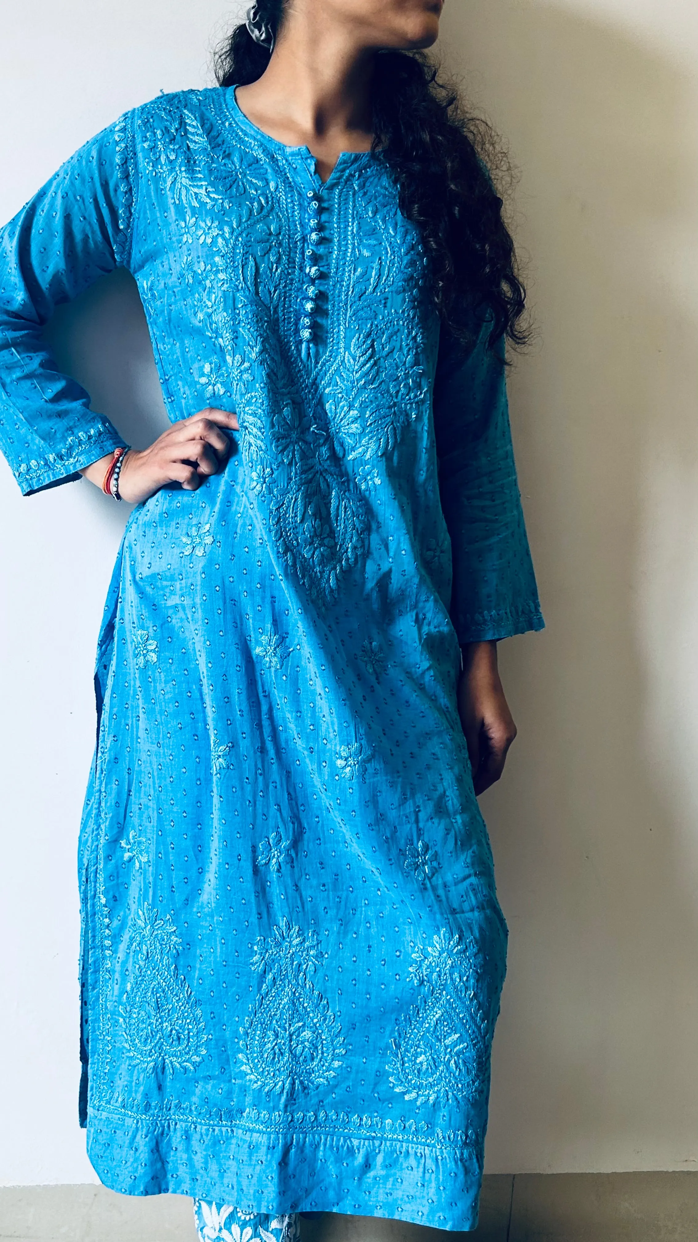 Pastel blue Chikankari cotton Kurti With Pant