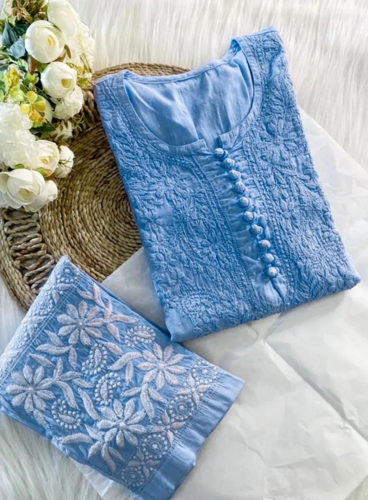 Pastel blue Chikankari cotton Kurti With Pant