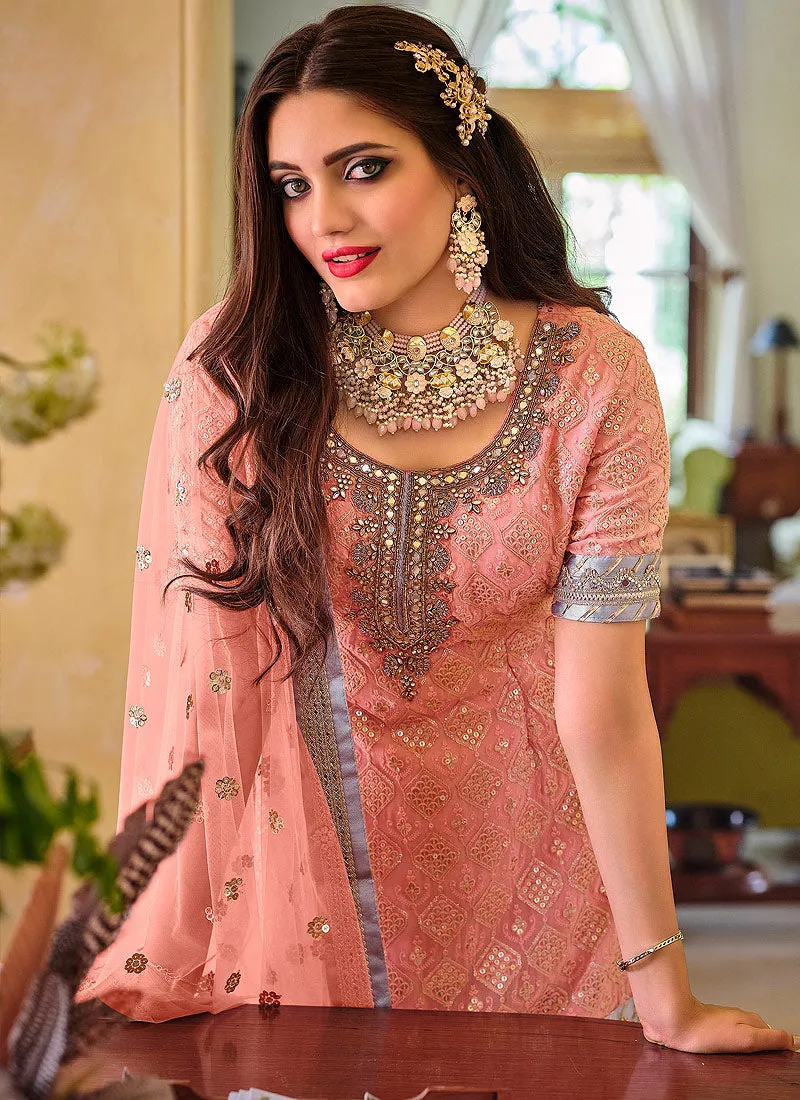 Peach And Grey Multi Embroidered Wedding Sharara Suit