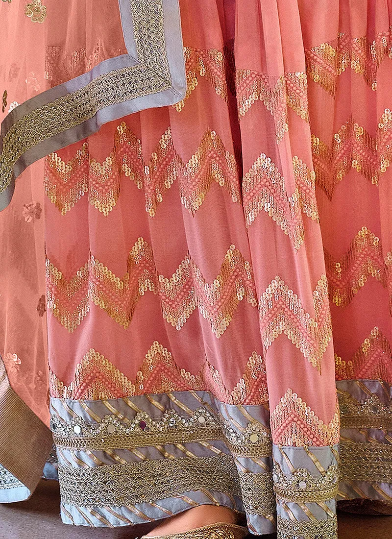 Peach And Grey Multi Embroidered Wedding Sharara Suit