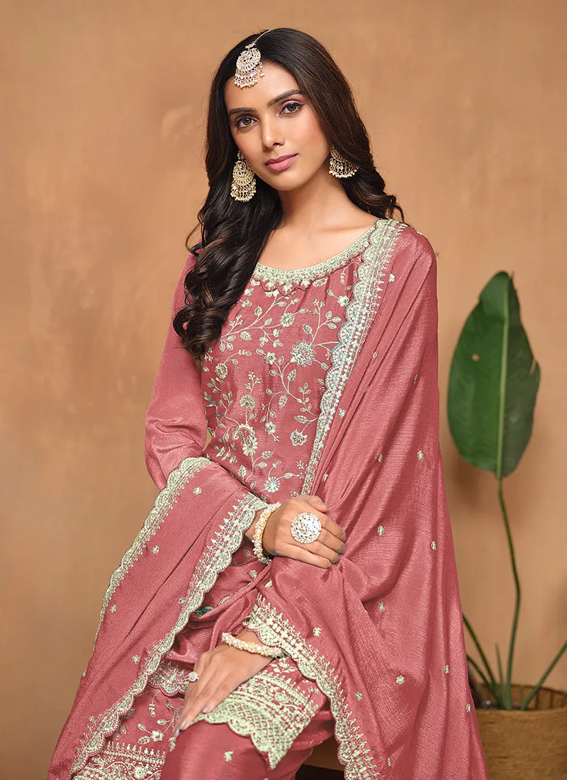 Peach Embroidery Festive Palazzo Suit