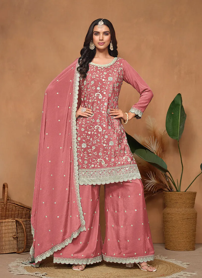 Peach Embroidery Festive Palazzo Suit