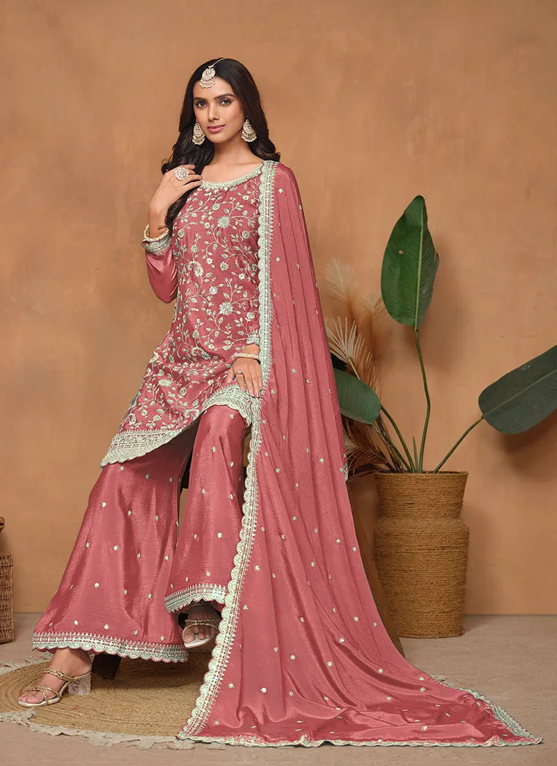 Peach Embroidery Festive Palazzo Suit