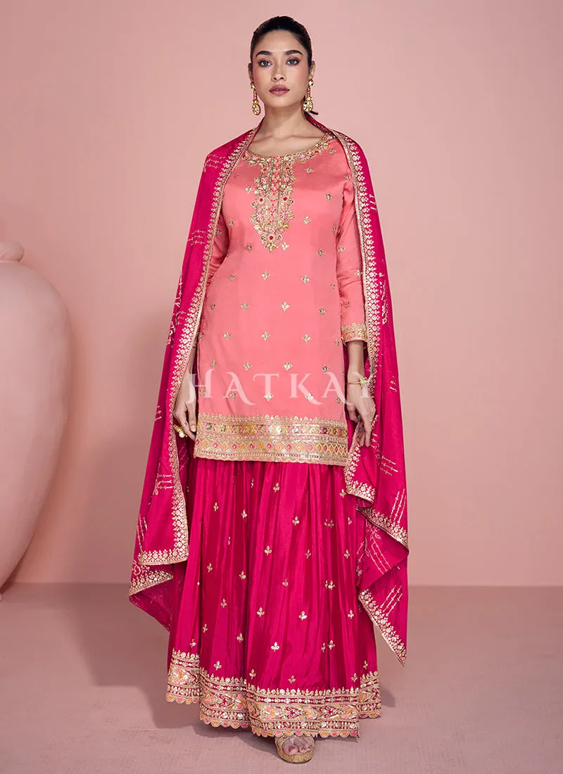 Pink And Peach Embroidered Sharara Suit