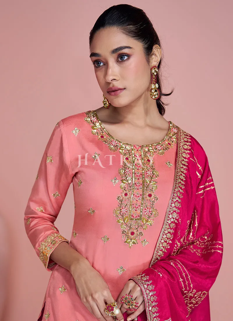 Pink And Peach Embroidered Sharara Suit