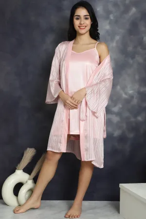 Pink color Striped Printed Polyester Nightdress With Robe