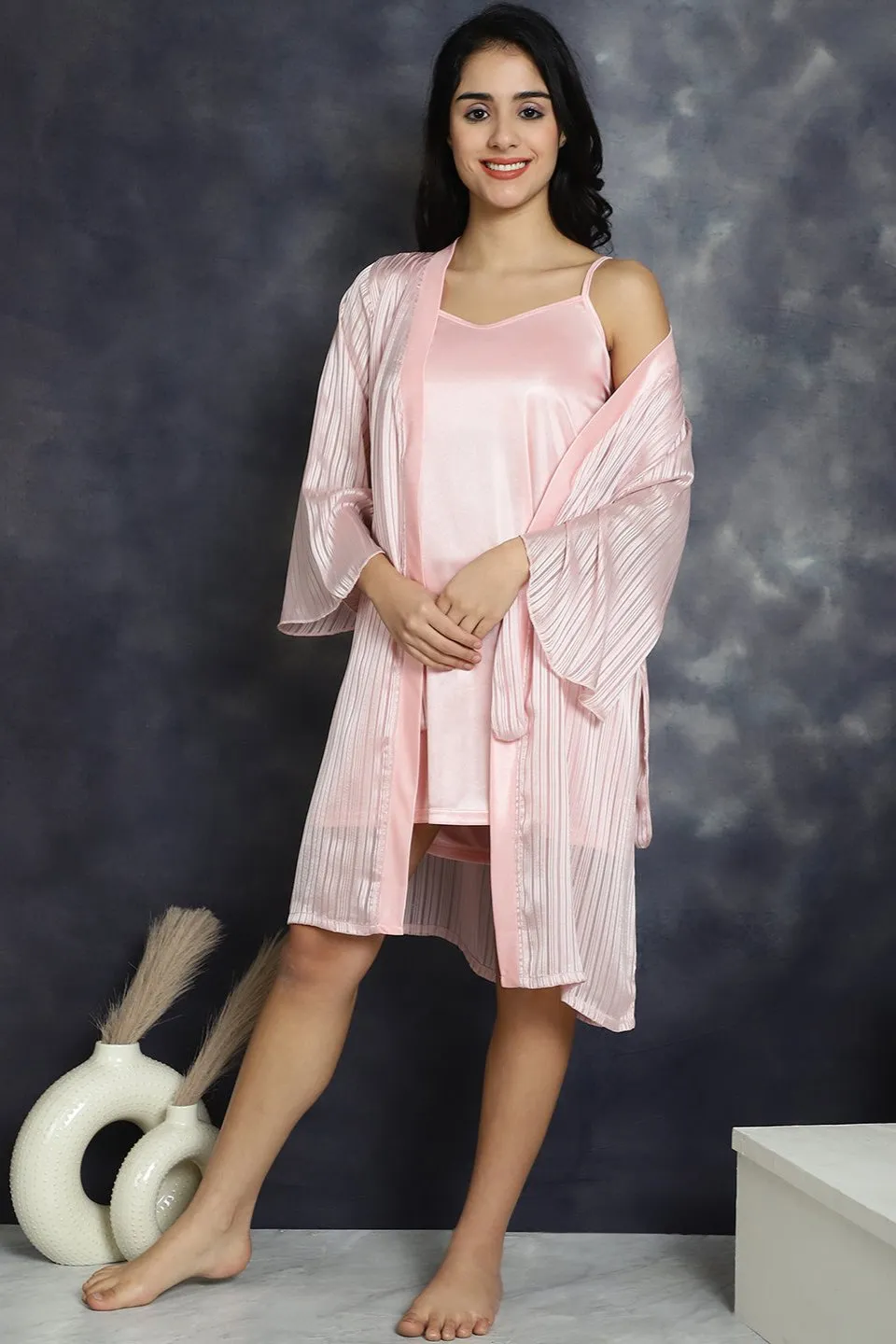 Pink color Striped Printed Polyester Nightdress With Robe
