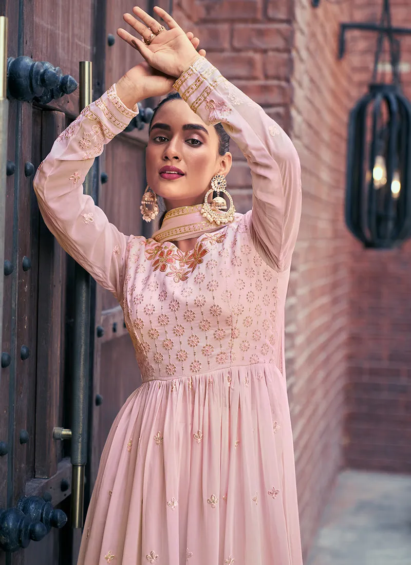 Pink Sequence And Thread Embroidery Anarkali Palazzo Suit