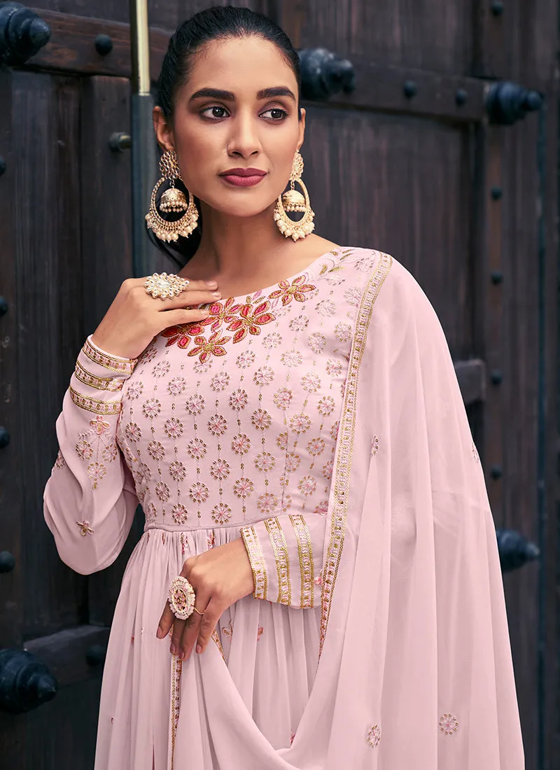 Pink Sequence And Thread Embroidery Anarkali Palazzo Suit
