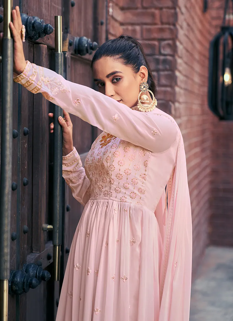Pink Sequence And Thread Embroidery Anarkali Palazzo Suit