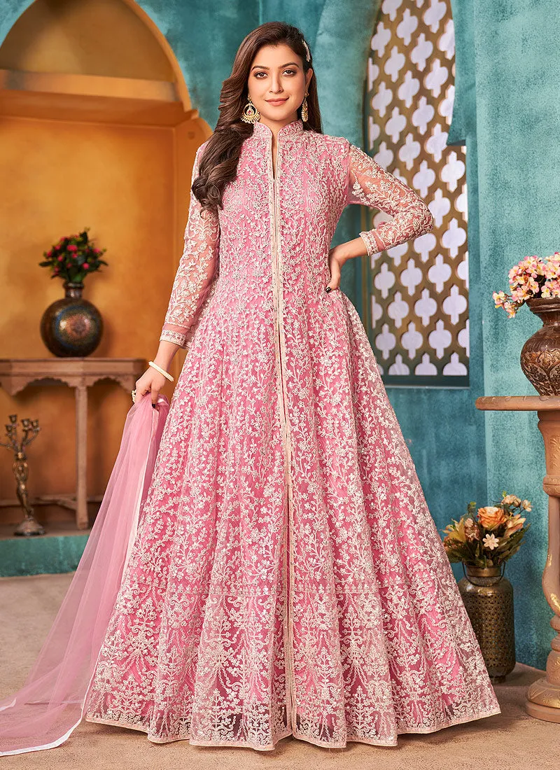 Pink Traditional Embroidered Anarkali Pant Suit