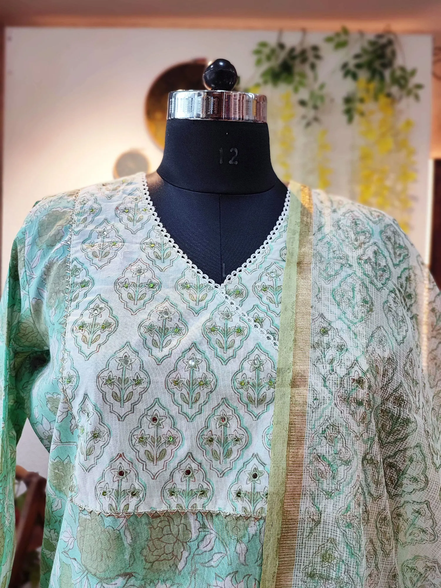Pista Handblock Print Cotton Suit Set With Neck Embroidery