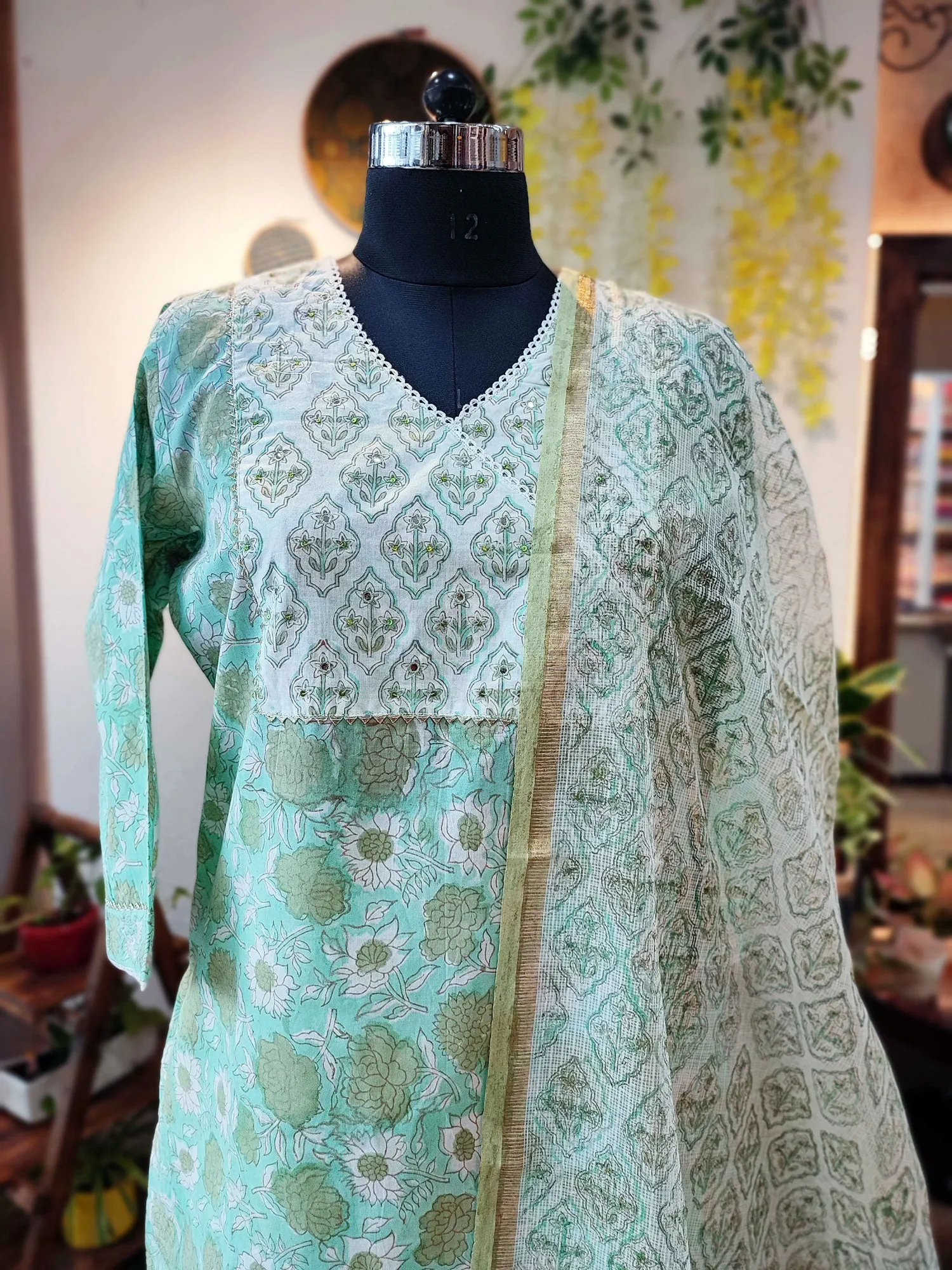 Pista Handblock Print Cotton Suit Set With Neck Embroidery
