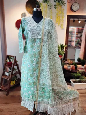 Pista Handblock Print Cotton Suit Set With Neck Embroidery