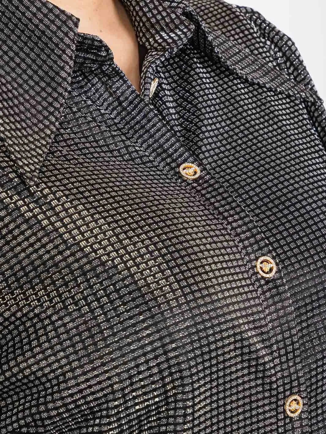PLUS SIZE 3/4 PUFF SLEEVE BUTTON UP SHIMMER BLOUSE