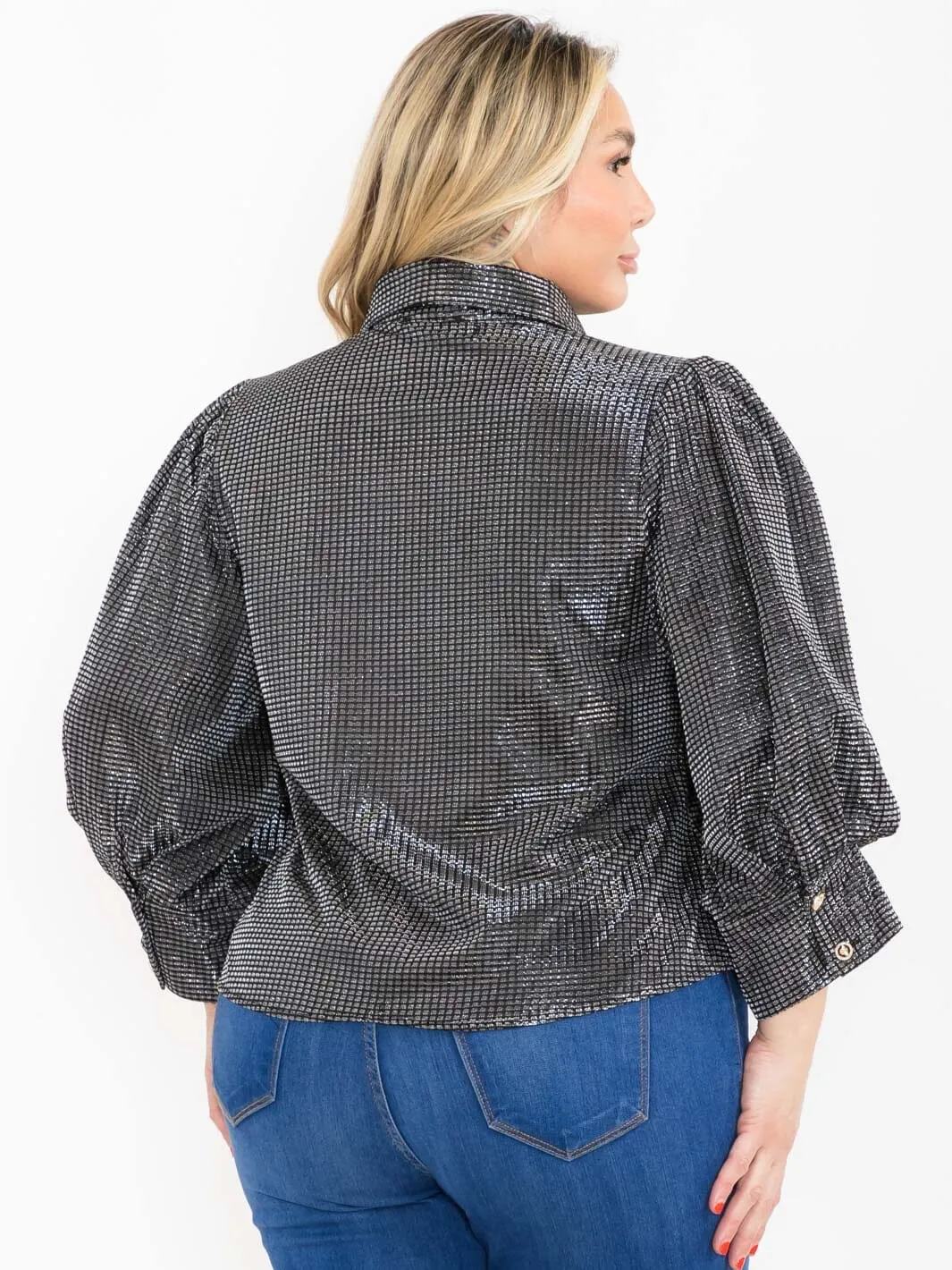 PLUS SIZE 3/4 PUFF SLEEVE BUTTON UP SHIMMER BLOUSE