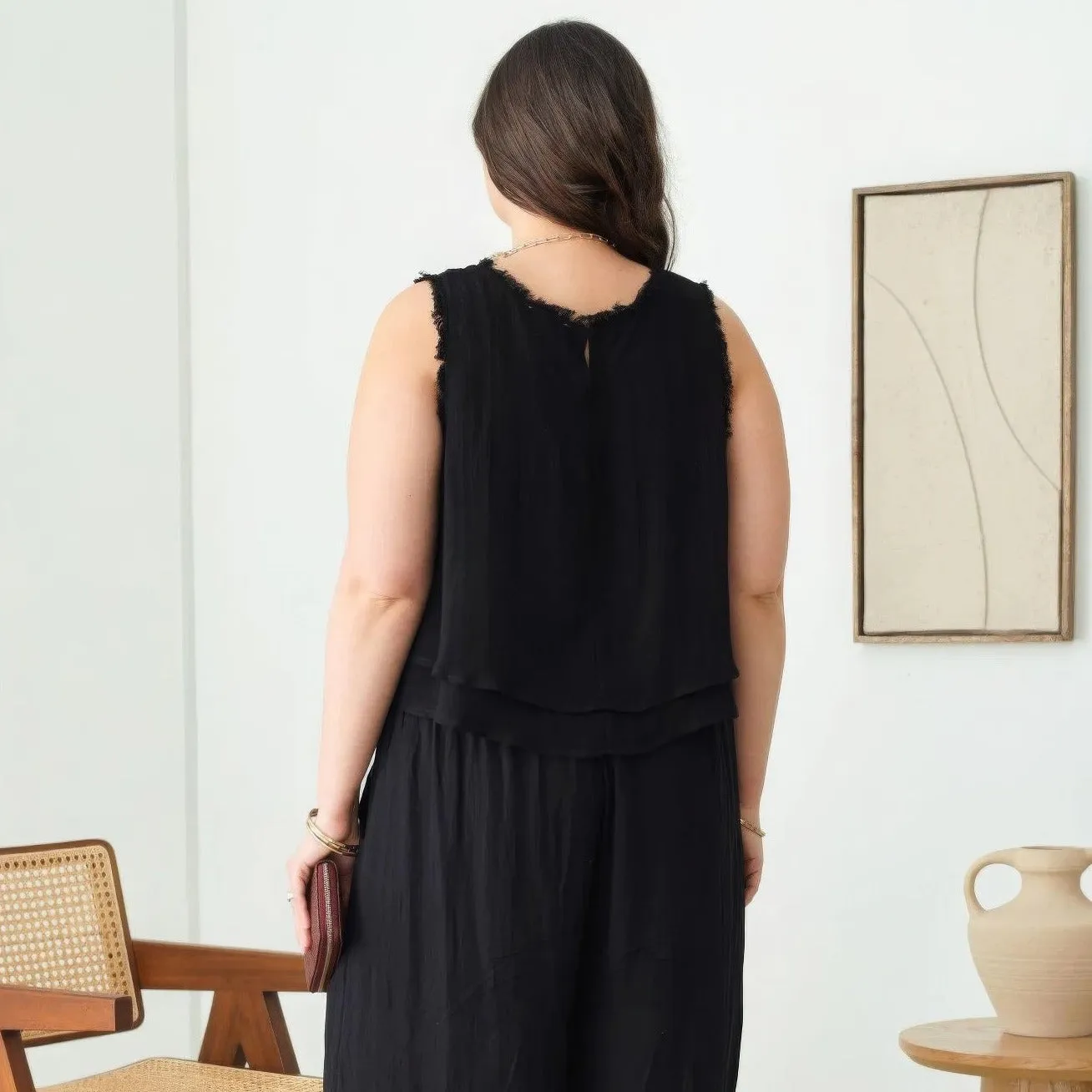 Plus Size Black Boho Sleeveless Frayed Hem Top