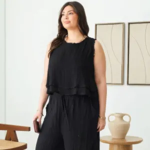 Plus Size Black Boho Sleeveless Frayed Hem Top