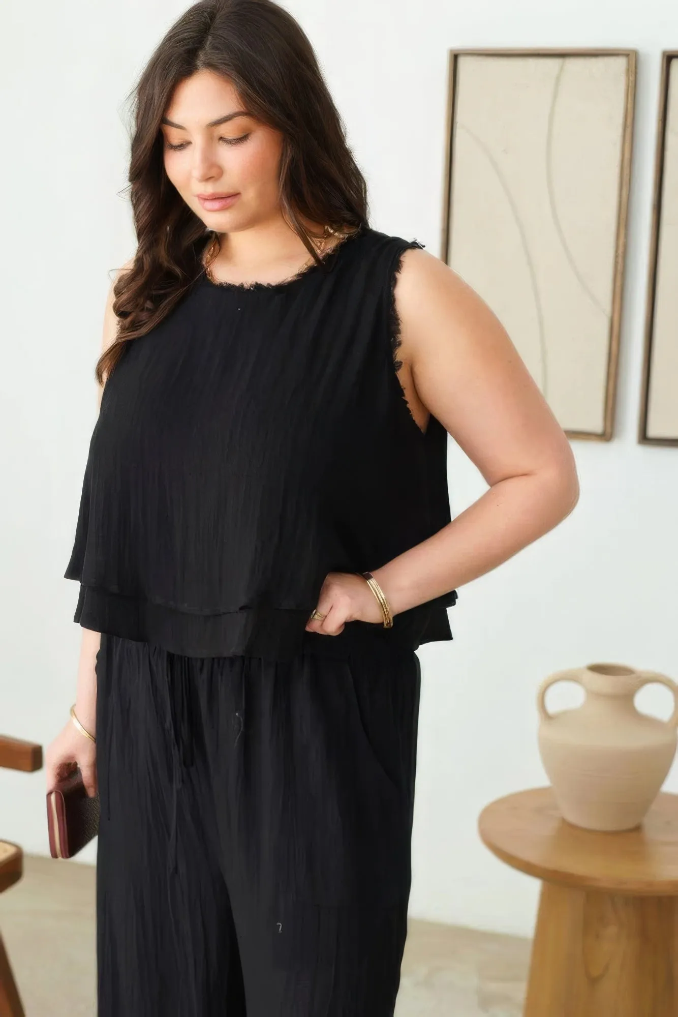 Plus Size Black Boho Sleeveless Frayed Hem Top