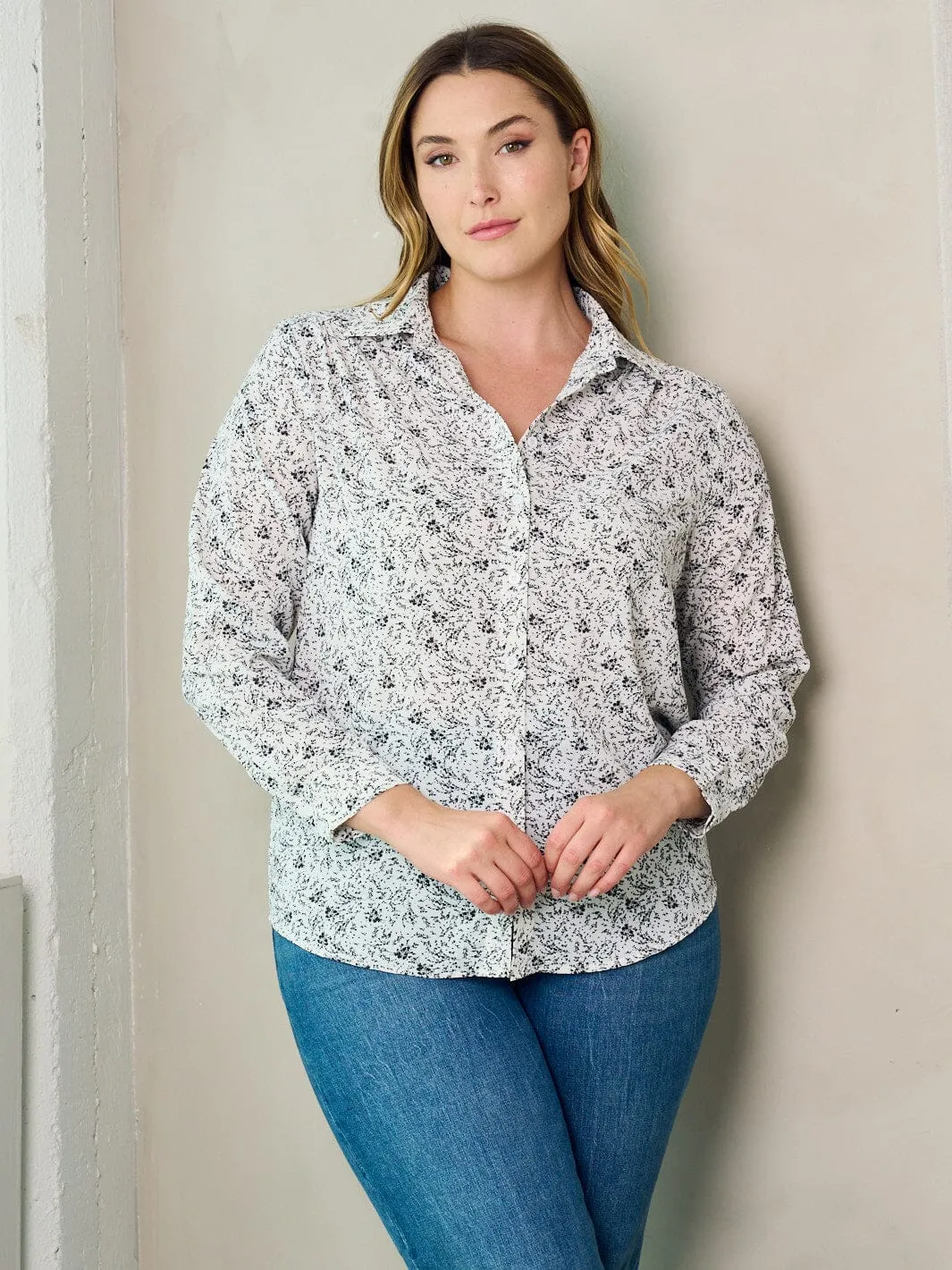 PLUS SIZE LONG SLEEVE BUTTON UP FLORAL BLOUSE TOP
