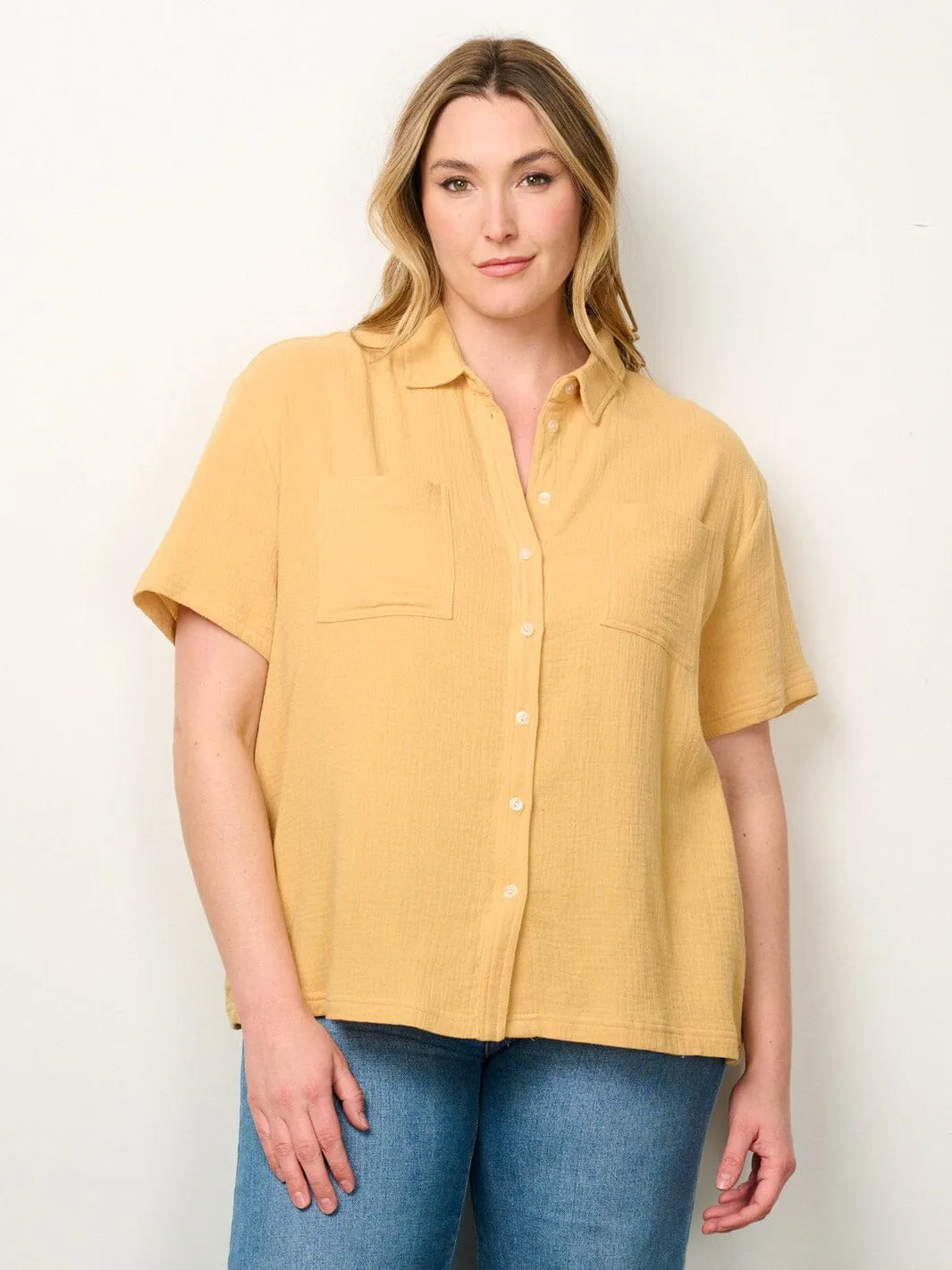 PLUS SIZE SHORT SLEEVE BUTTON UP BLOUSE TOP