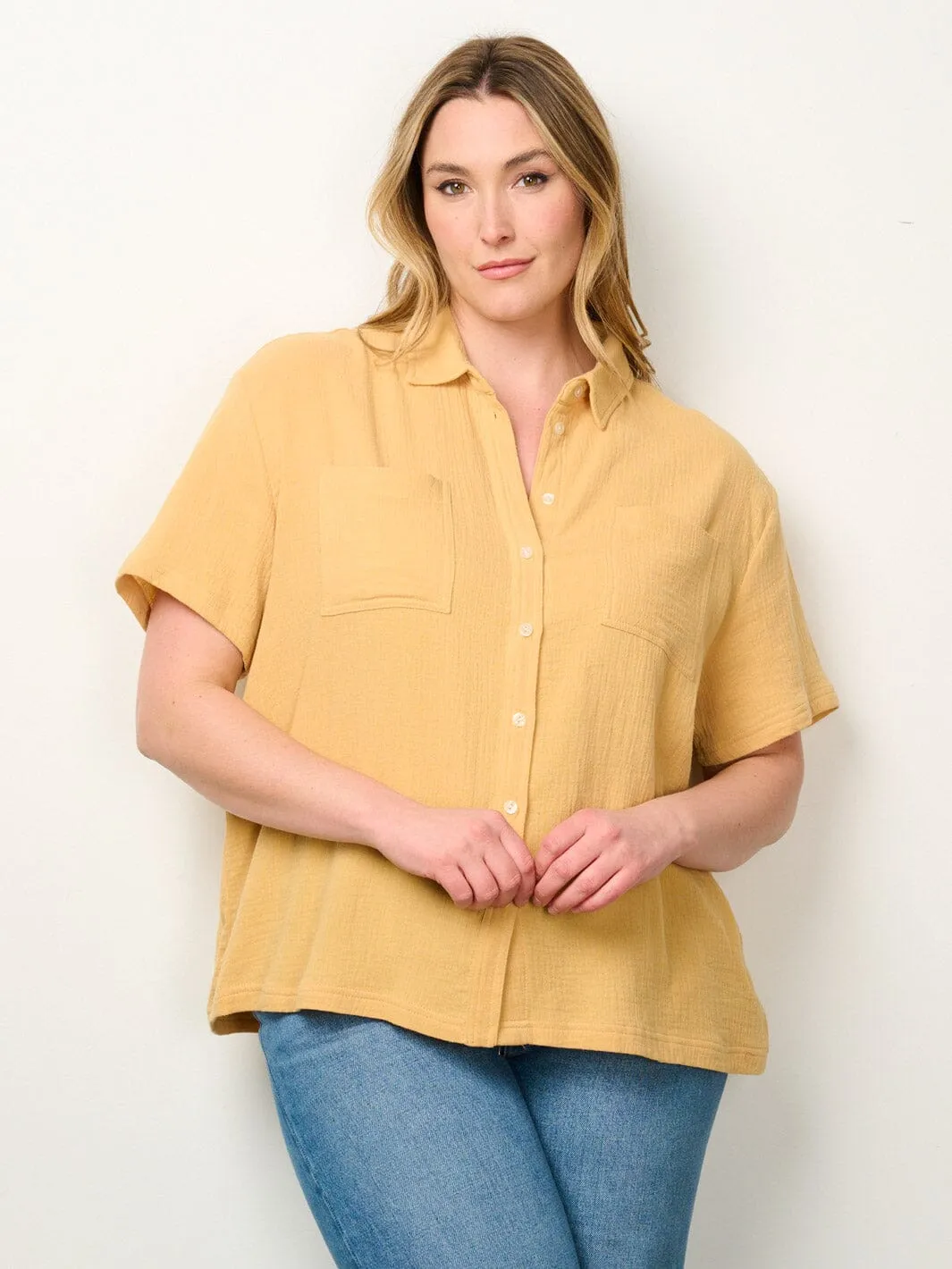 PLUS SIZE SHORT SLEEVE BUTTON UP BLOUSE TOP