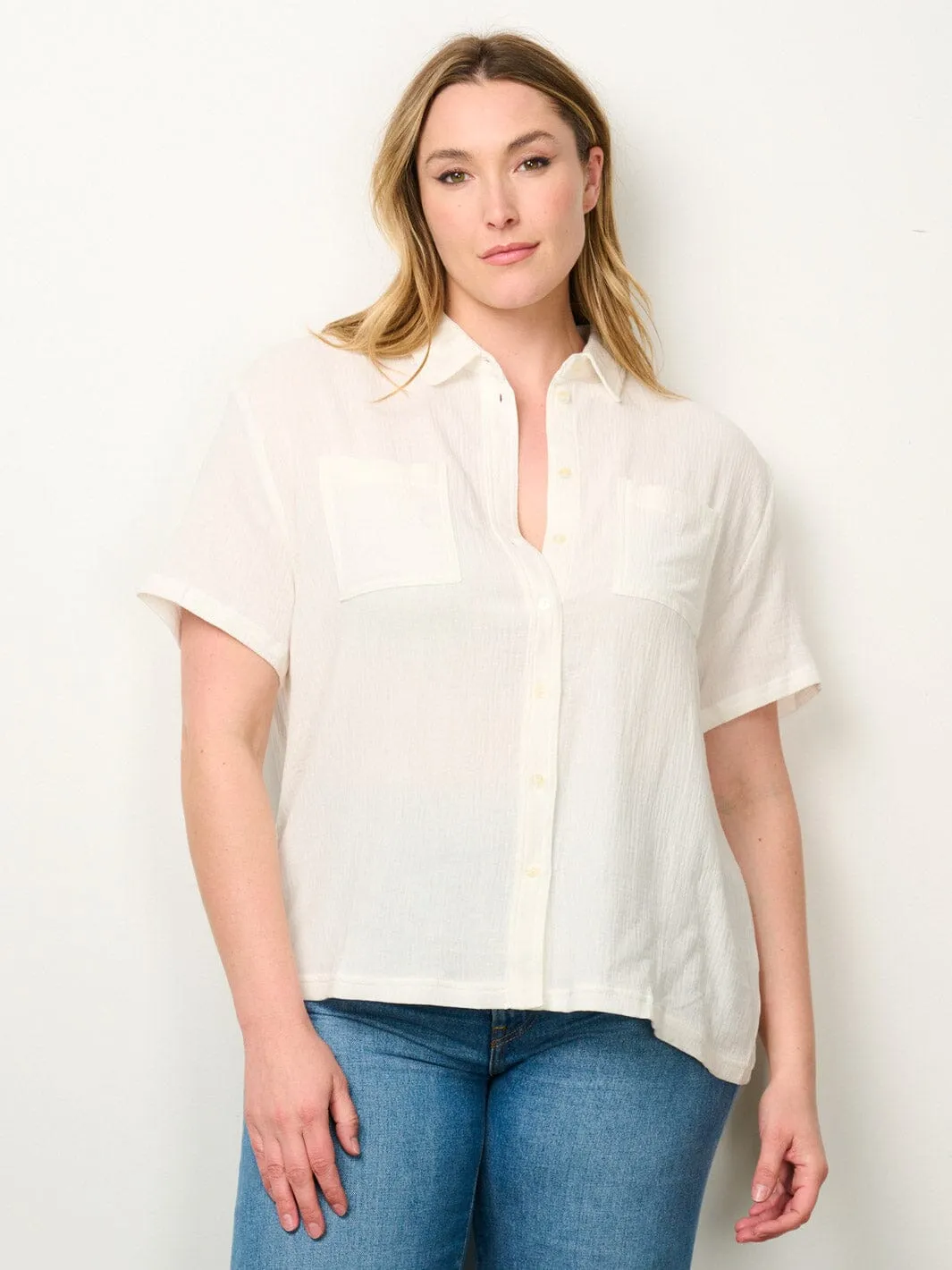 PLUS SIZE SHORT SLEEVE BUTTON UP BLOUSE TOP