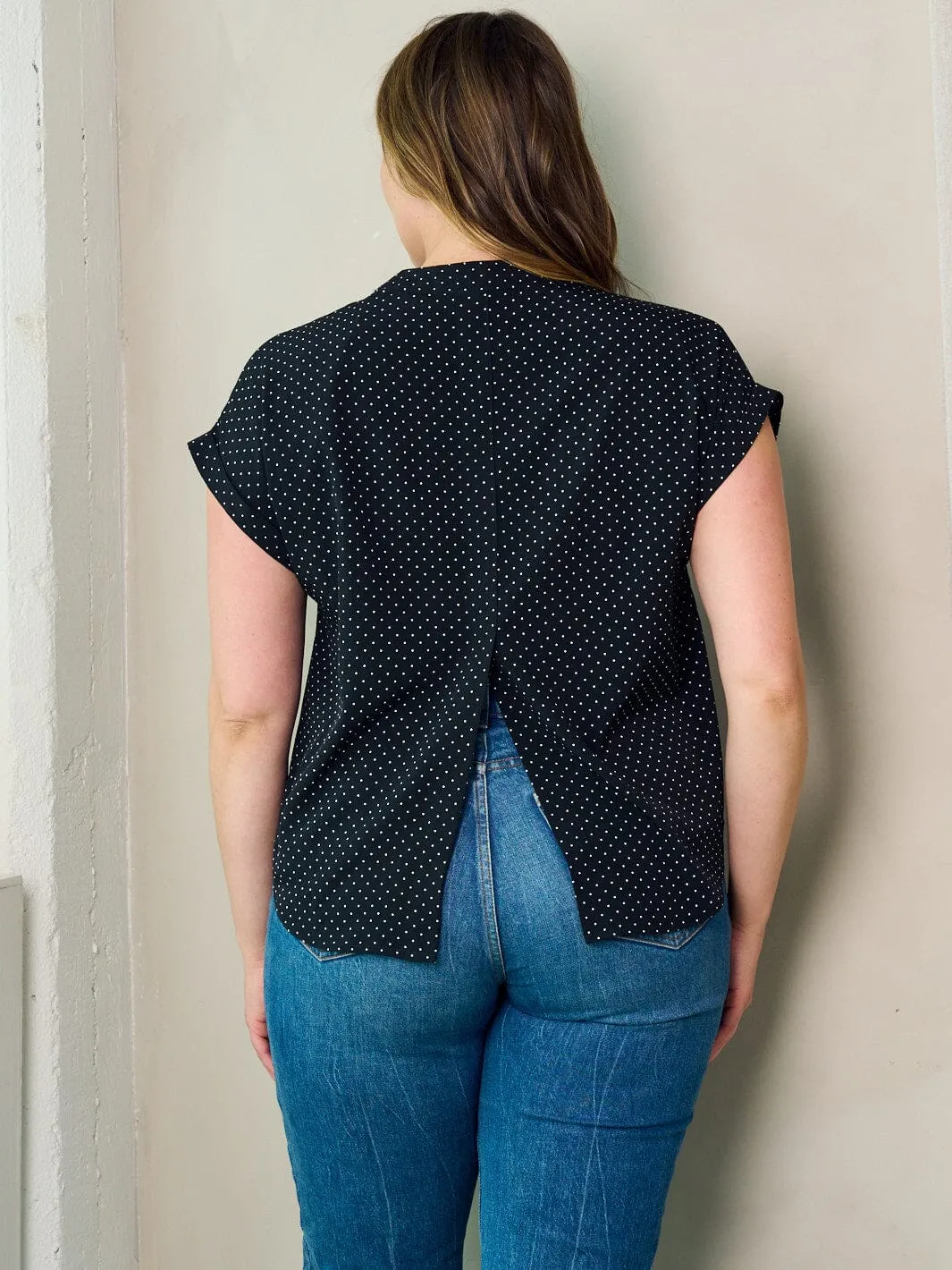 PLUS SIZE SHORT SLEEVE BUTTON UP POLKA DOTS BLOUSE TOP