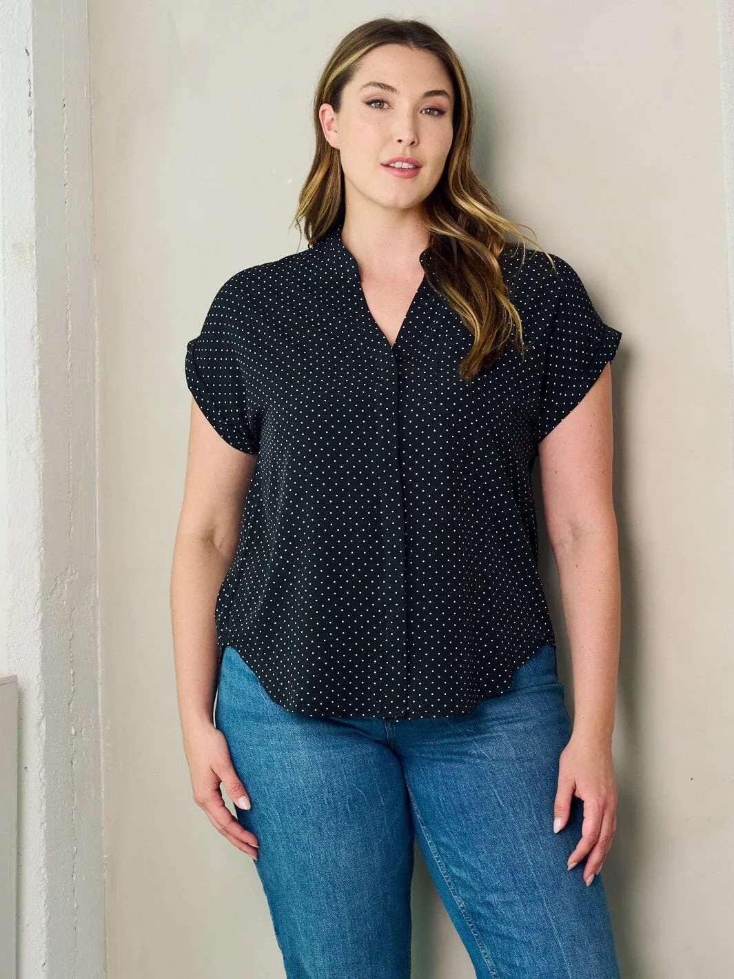 PLUS SIZE SHORT SLEEVE BUTTON UP POLKA DOTS BLOUSE TOP