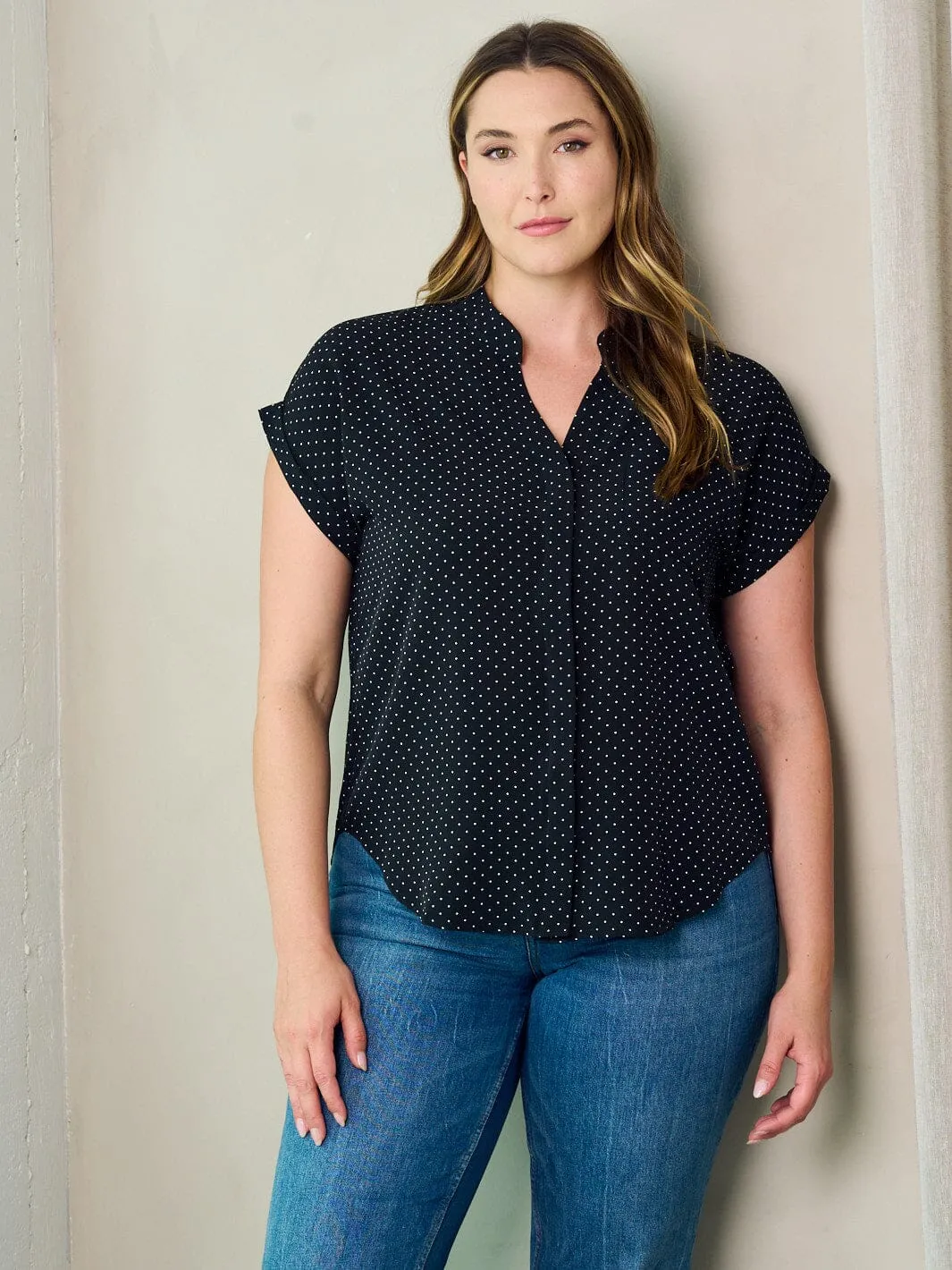 PLUS SIZE SHORT SLEEVE BUTTON UP POLKA DOTS BLOUSE TOP
