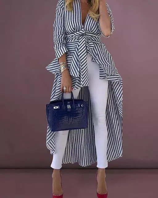 Plus Size Women Boho Stripe Long Sleeve Deep V Tops