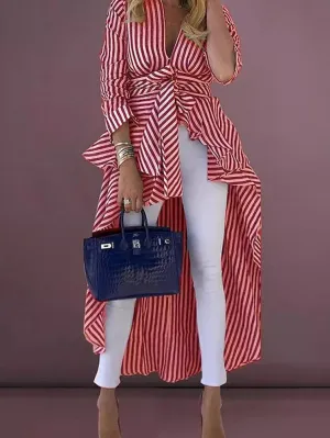 Plus Size Women Boho Stripe Long Sleeve Deep V Tops