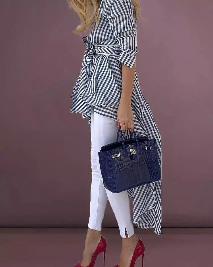 Plus Size Women Boho Stripe Long Sleeve Deep V Tops