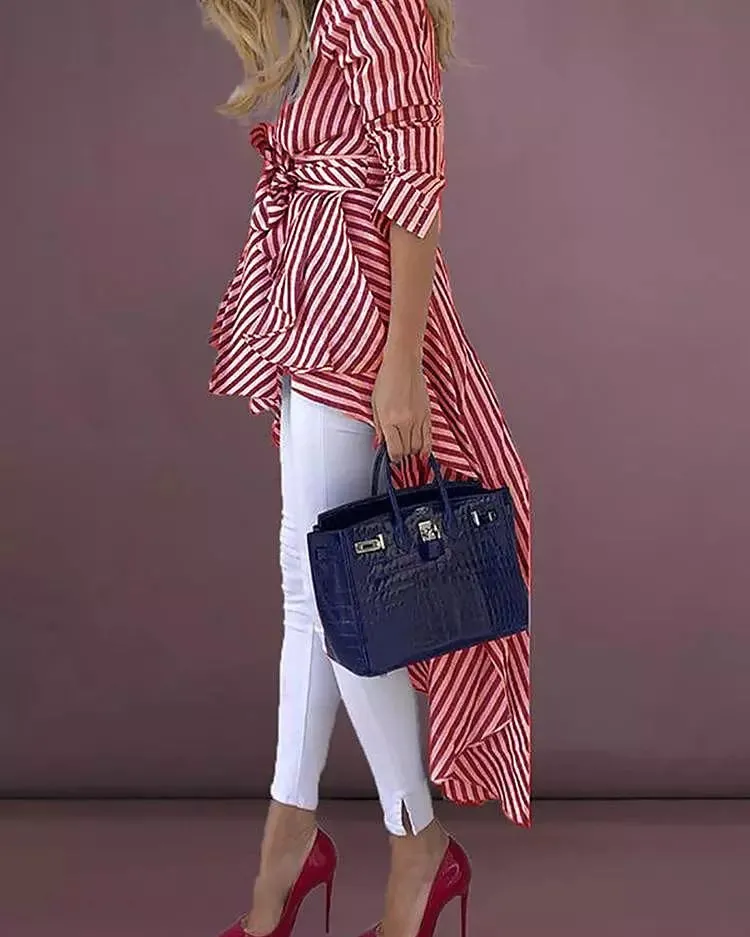 Plus Size Women Boho Stripe Long Sleeve Deep V Tops