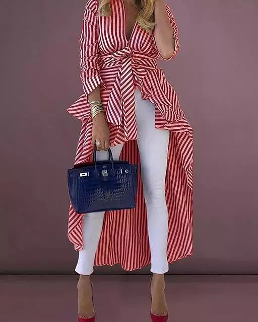 Plus Size Women Boho Stripe Long Sleeve Deep V Tops