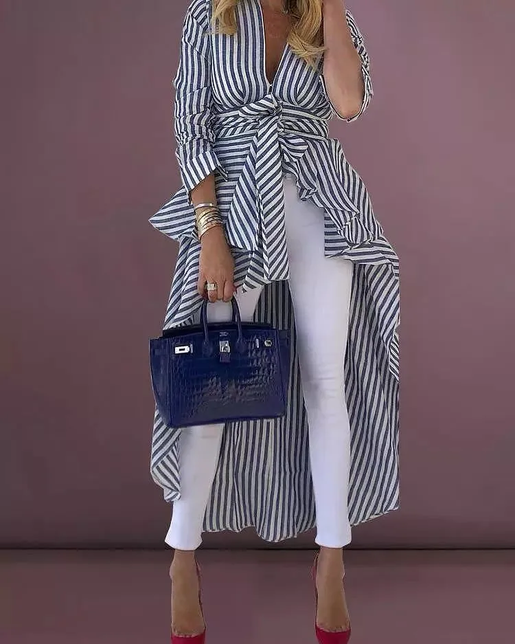 Plus Size Women Boho Stripe Long Sleeve Deep V Tops
