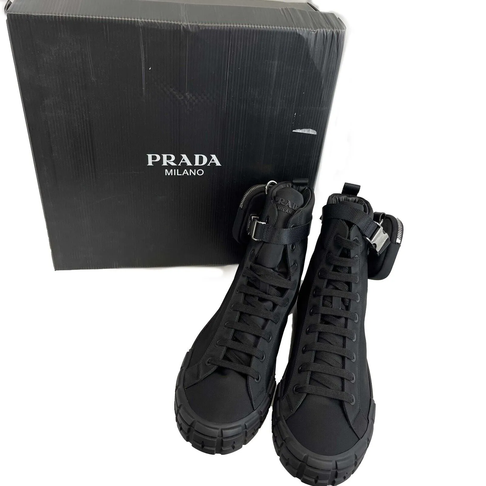Prada - Wheel Nylon Black Zip Pouch High Top Sneakers - Size 12