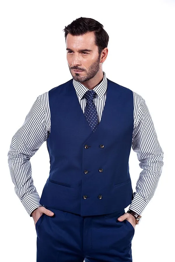 Premium Peak Lapel Navy Blue Three Piece Suits for Men with Double Breasted Vest