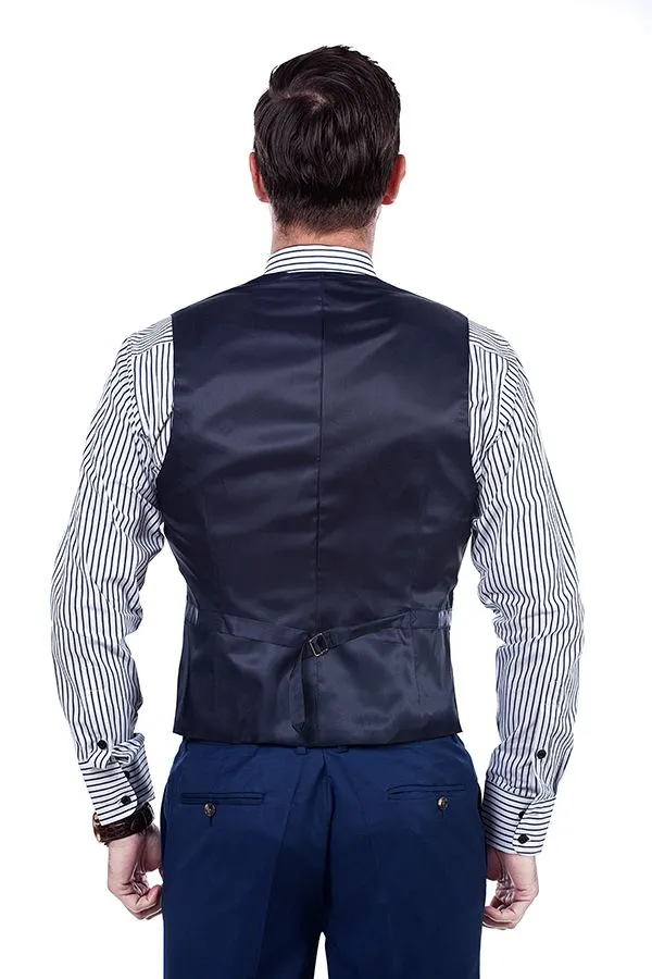 Premium Peak Lapel Navy Blue Three Piece Suits for Men with Double Breasted Vest