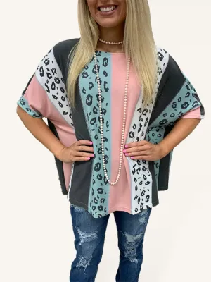 Printed half-sleeve leopard loose casual pullover top