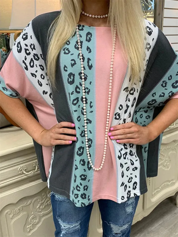 Printed half-sleeve leopard loose casual pullover top