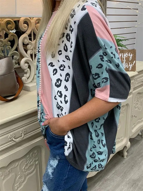 Printed half-sleeve leopard loose casual pullover top