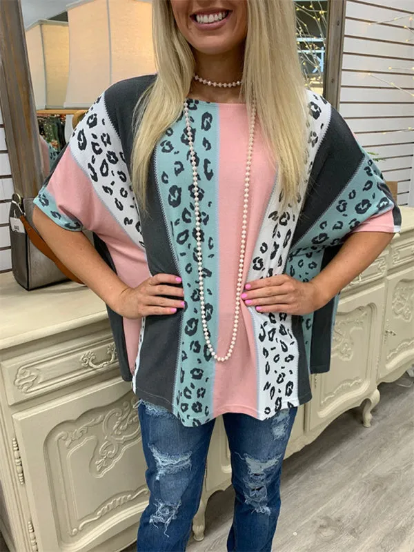 Printed half-sleeve leopard loose casual pullover top